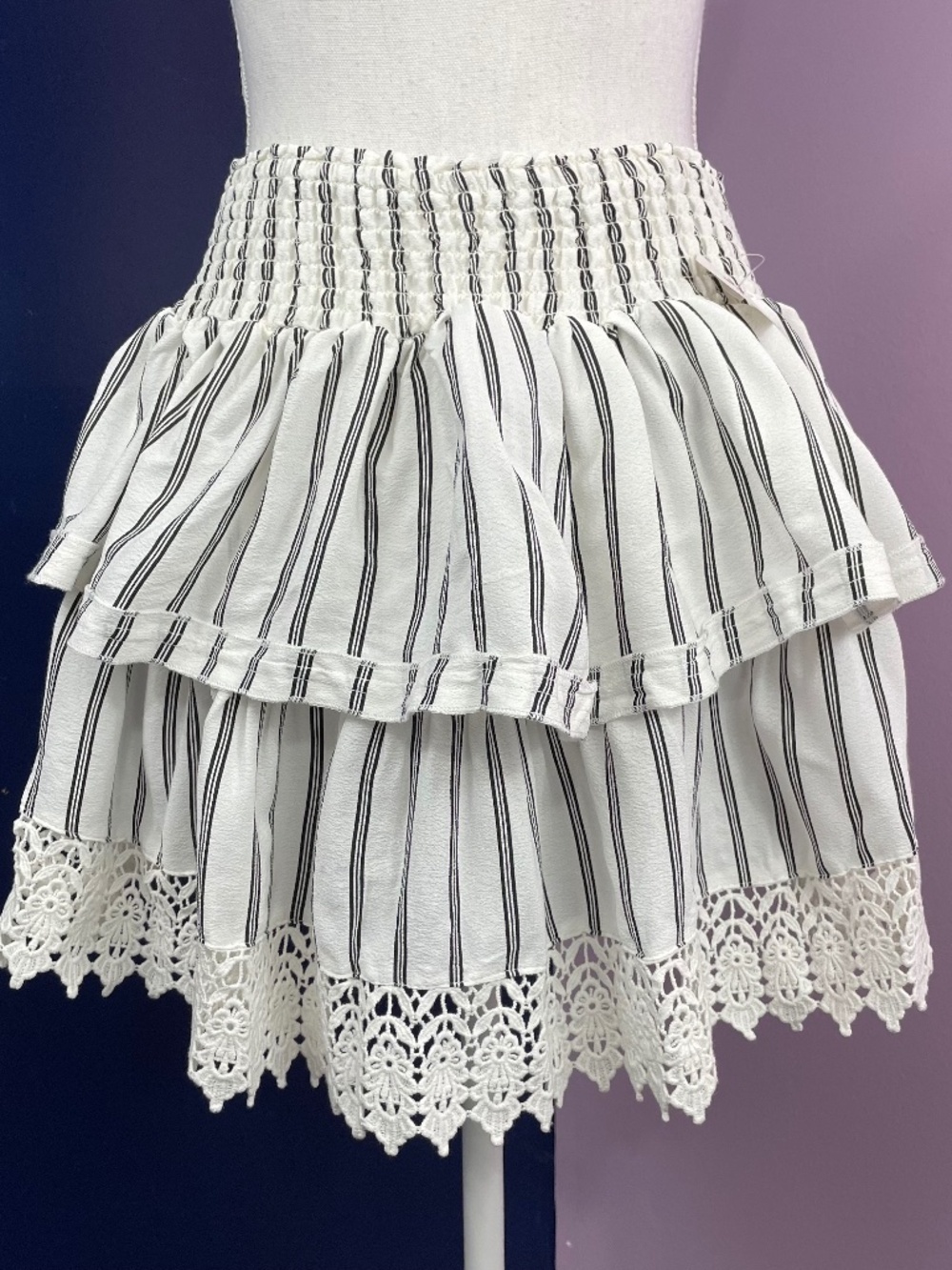 Crochet Lace Trim Tiered Skirt NEW M Surf Gypsy Pinstripe Striped Layered Short